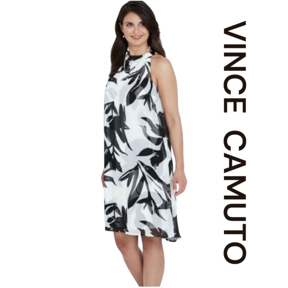 VINCE CAMUTO Black & White Floral Dress w/Sheer Sheath Overlay, Size 10. - Picture 1 of 10